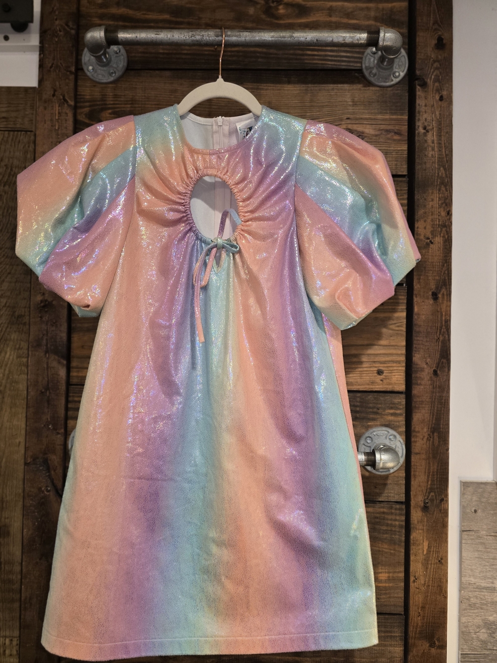 QUEEN OF SPARKLES Pastel Rainbow Puff-Sleeve Mini Dress